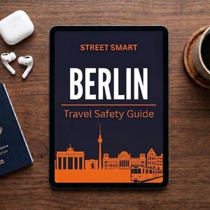 Puede incluir: Una tableta que muestra una "Guía de seguridad de viaje Street Smart Berlin" con un gráfico de horizonte naranja. Un pasaporte, auriculares inalámbricos y una taza de café están sobre una superficie de madera.
