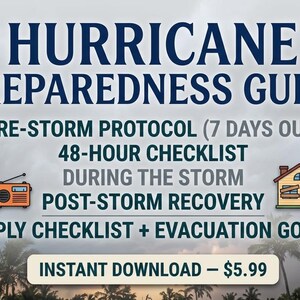 Può includere: Una guida alla preparazione per uragani con il testo Pre-Storm Protocol, 48-Hour Checklist, During the Storm, Post-Storm Recovery e Supply Checklist. Le icone includono un kit di pronto soccorso rosso, una torcia arancione, una radio e una casa.