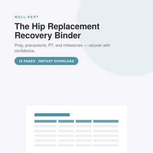 Herstelbindmiddel heupprothese | Totale heupoperatieplanner | Postoperatieve medicatie, pijn en PT-tracker | Pre-operatieve voorzorgsmaatregelen pdf-checklist