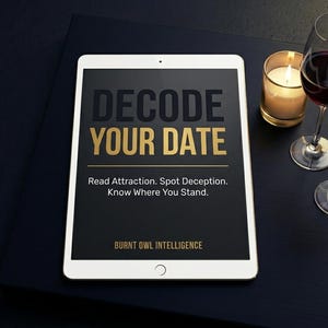 May include: A white tablet displays the text "DECODE YOUR DATE" in black and gold. The text below reads "Read Attraction. Spot Deception. Know Where You Stand." Two wine glasses and a lit candle sit beside the tablet on a dark surface.