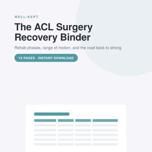 Herstelmap voor ACL-operaties | Kniereconstructie postoperatieve planner | Revalidatiefase, rom en PT-tracker | Afdrukbare pdf