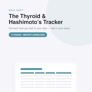 Puede incluir: Un documento digital titulado Well-Kept The Thyroid & Hashimoto's Tracker con el subtítulo Connect how you feel to your labs — dial in your dose. La página incluye un botón 14 pages instant download y un diseño de tabla con encabezados de color verde azulado.