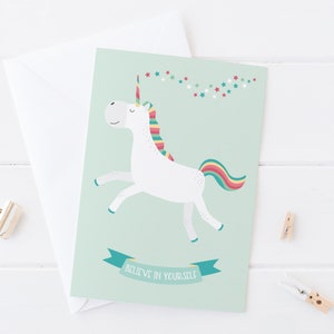 Geloof in jezelf Eenhoornkaart - motiverende kaart - vriendenkaart - positiviteitskaart - kaart eenhoornliefhebber - aanmoedigingskaart - vriendschap