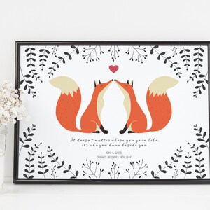 Foxes In Love Personalised Print for Wedding Anniversary or Valentines Day image 1