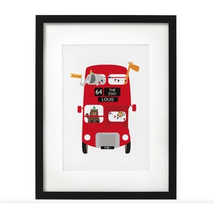 Red London Bus Zoo Animal Custom Personalised Print for Children or Babies - makes a great baptism / christening gift, or nursery wall decor