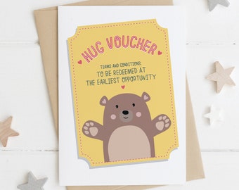 Cute 'Hug Voucher' bear hug card - miss you, isolation, social distance card for friends or relatives