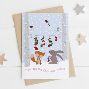 Personalised Woodland Animal Christmas Card - childrens xmas card - xmas stocking card for kids - son xmas card - daughter xmas card