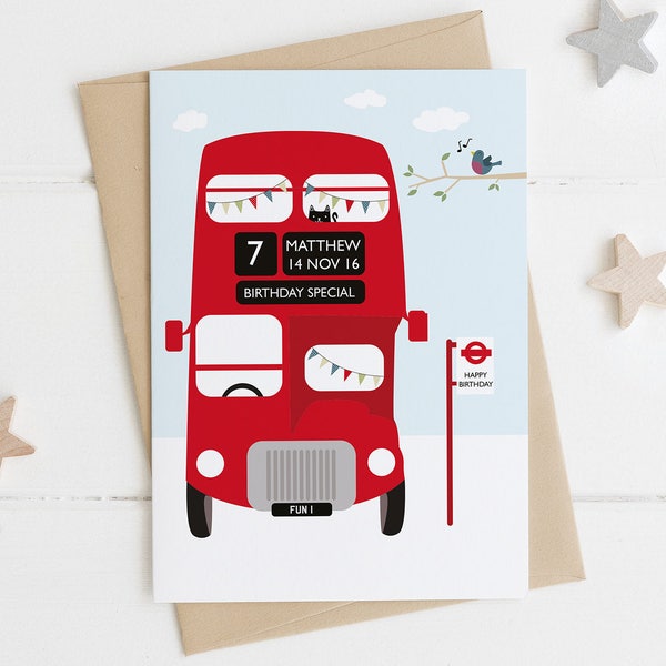 Carte d'anniversaire personnalisée London Bus - Carte de bus Routemaster vintage rouge, personnalisable