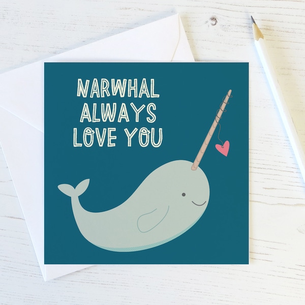 Narwhal Love Card - anniversary card - valentine card for boyfriend - valentine card - valentines day - narwhal anniversary - narwhal card