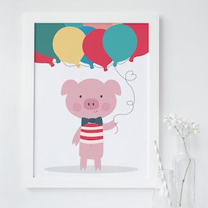 Cute Pig and Balloons nursery print - birthday gift for kids - kids print - childrens print - baby gift - pig poster - christening gift - uk