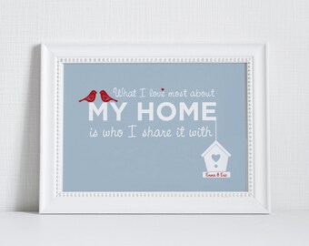 Home Love Print 'What I love most about my home is who I share it with' - blue personalised print - housewarming gift - home decor - home