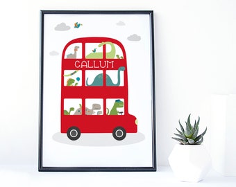 Dinosaur Bus Personalised Print for Children - london bus print - baby gift - christening gift