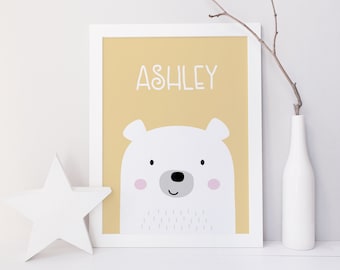 Bear Name Personalised Nursery Print for babies and children - New baby, Baptism or Christening Gift  - 4 colours to choose from