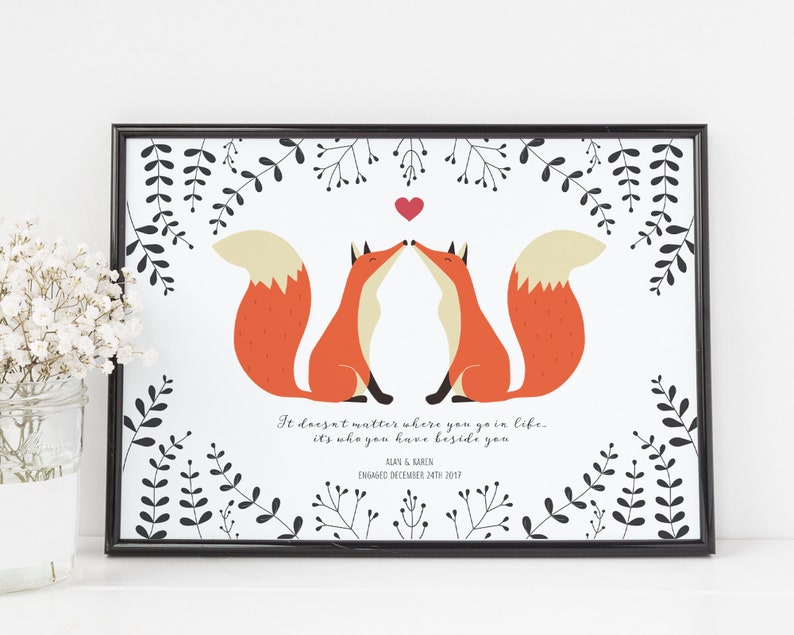 Foxes In Love Personalised Print for Wedding Anniversary or Valentines Day image 1