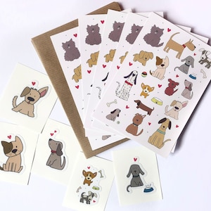 Geïllustreerde hondenkaartenset met stickers: vijf platte kaarten / hondenbedankkaarten en stickers