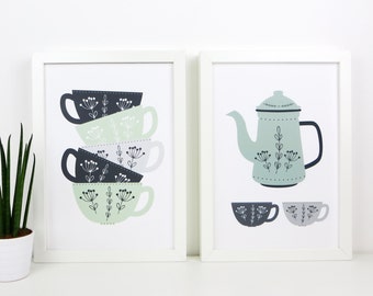 Teapot Kitchen Art – Green Coffee Prints – Scandi Kitchen Art – tea art print – coffee art print – green and grey print - kitchen wall art