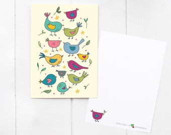 Bright Birds Postcard / notecard / mini print - send a smile to a friend! With matching Bird Sticker add-on