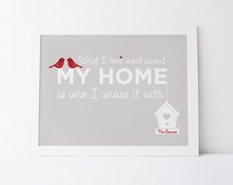 Home Love Print 'What I love most about my home is who I share it with' - grey red personalised print - housewarming gift - home decor gift