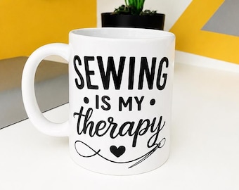 Sewing Is My Therapy Mug | Ceramic Coffee Cup for Sewists, Seamstresses, Crafters