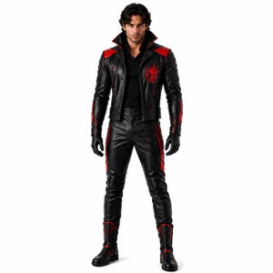 May include: A black leather jacket with a high collar, red shoulder accents, and a red flaming skull graphic on the chest, paired with matching black leather trousers featuring red side stripes and black leather boots with red detailing.