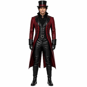 Handmade Gothic Dark Ringmaster Costume, Red Black Leather Circus Master Outfit, Victorian Carnival Showman, Halloween Cosplay