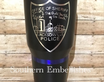Sheriff Department Badge Tumbler: Thin Blue Line, Powder Coated