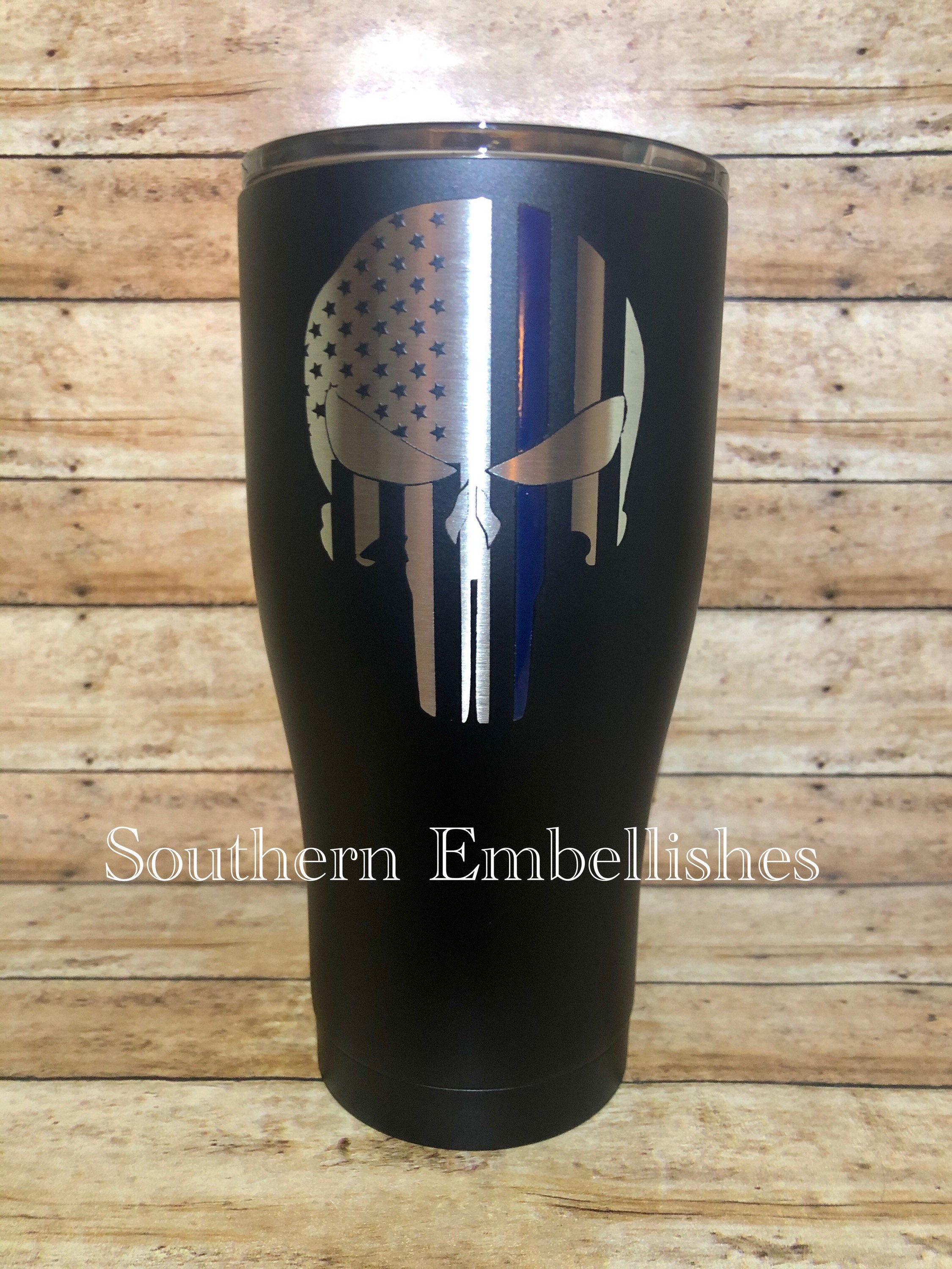 Punisher Thin Blue Line Flag Custom Powder Coated Tumbler