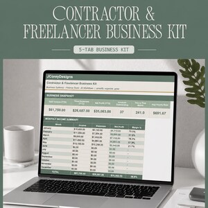May include: A Google Sheets template titled Contractor & Freelancer Business Kit displayed on a laptop screen. The digital interface features a business snapshot table with financial data, a monthly income summary, and invoice tracking columns.