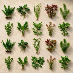 May include: A collection of twenty aquatic plants arranged in a four-by-five grid. The assortment includes various species with green, reddish-brown, and needle-like foliage, some featuring visible root systems, displayed in a uniform layout.