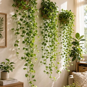 May include: Three hanging planters mounted on a wall, each containing a trailing pothos plant with variegated green and yellow heart-shaped leaves. The long, slender vines cascade downward, creating a lush, vertical display of foliage.