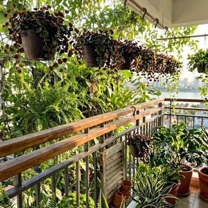 May include: A collection of hanging dark brown plastic pots containing trailing plants with small round leaves, suspended from a metal railing. Additional potted plants, including ferns and snake plants, sit on the balcony floor with a gold watering can.