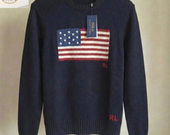 Auténtico jersey polo Polo Ralph Lauren con la bandera de EE. UU., jersey de punto de cuello redondo para hombre.