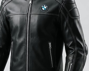 Chaqueta de carreras de cuero de vaca negra para hombre BMW Moto