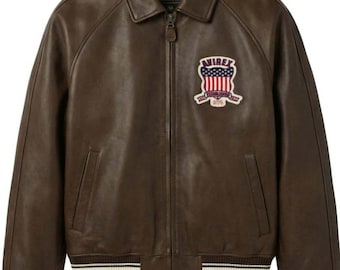 Chaqueta bomber Avirex para hombre de piel de vacuno marrón – Estilo American Flight