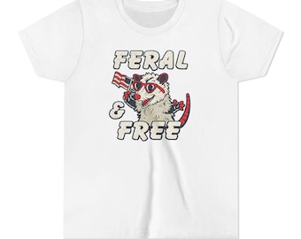 Wildes und freies Waschbär-Jugend-T-Stück, niedliches Vintages Karikatur-Tier-T-Shirt, 4. Juli T-Shirt