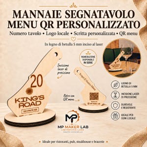 Può includere: Un segnatavolo in legno di betulla da 5 mm inciso al laser a forma di mannaia. Il segnatavolo riporta il numero 20, la scritta KING'S ROAD e un codice QR. È montato su una base circolare in legno per l'uso in ristoranti e locali.