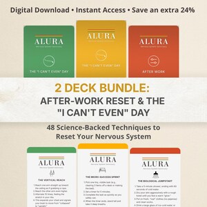 Könnte beinhalten: Ein 2-Deck-Bundle von Alura Nervous System Sanctuary-Karten mit grün, gelb und rot farbcodierten Decks. Die Karten zeigen Text, einschließlich "The I Can't Even Day", "After Work", "The Vertical Reach", "The Micro-Success Sprint" und "The Biological Jumpstart".