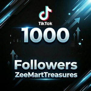 Puede incluir: Un gráfico digital que presenta el logotipo de TikTok sobre el número 1000 en una fuente plateada grande. Debajo, el texto dice Followers y ZeeMartTreasures en blanco. El fondo es negro con rayas de luz azul y flechas hacia arriba.