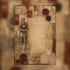 May include: A rectangular parchment-style paper featuring a standing knight in armor with a sword, the text Knights of St. John Malta, various heraldic shields, red and black wax seals, lace accents, and architectural sketches of a fortress.