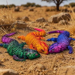 May include: Three articulated lizard figurines with textured, scale-like bodies. One lizard features a green and purple gradient, another is bright orange and yellow, and the third is a deep blue and purple, all with detailed eyes and limbs.