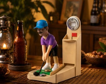 Interactive 3D Printed Golf Swing Bottle Opener Toy with Realistic Putter and Sturdy Base
