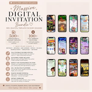 Puede incluir: Un paquete de invitaciones digitales con más de 500 plantillas y 100 diseños animados mostrados en doce pantallas de teléfonos inteligentes. El texto incluye Massive Digital Invitation Bundle, 500+ Professionally Designed Templates y 100+ Fully Animated Invitations, con varios gráficos temáticos de personajes.