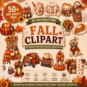 Puede incluir: Una colección digital de imágenes prediseñadas de otoño con calabazas, un suéter, un cachorro, una ardilla, un fantasma, un camión rojo, linternas y tazas. El texto central dice 50+ HIGH QUALITY PNGS FALL CLIPART.