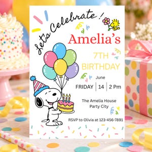Puede incluir: Una tarjeta de invitación de cumpleaños con un perro de dibujos animados con un sombrero de fiesta y un pastel. El texto dice: Let's Celebrate! Amelia's 7TH BIRTHDAY, June, FRIDAY 14, 2 PM, The Amelia House, Party City, RSVP to Olivia at 123-456-7891.