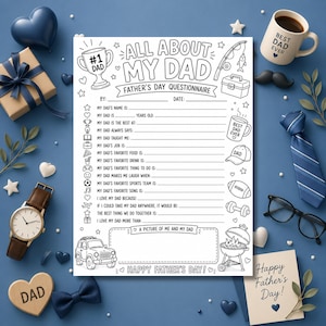 Puede incluir: Una hoja de cuestionario para el Día del Padre titulada All About My Dad con ilustraciones de líneas negras que incluyen un trofeo, caña de pescar, caja de herramientas, taza, gorra, balón, mancuerna, parrilla y coche, con líneas para completar.