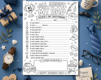 All About My Dad Printable Questionnaire, Father's Day Coloring Page for Kids, Dad Interview Worksheet, Fill In The Blank Activity, PDF