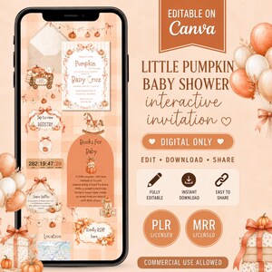 Puede incluir: Un teléfono inteligente muestra una plantilla de invitación digital interactiva para baby shower con temática de calabazas, con texto como Little Pumpkin Baby Shower, Books For Baby y RSVP. El diseño incluye globos naranjas y lazos.