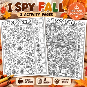 Può includere: Due pagine di attività I Spy Fall in bianco e nero con illustrazioni di zucche, spaventapasseri, scoiattoli, girasoli e foglie. Ogni pagina include un elenco di oggetti da contare con caselle vuote. Il testo riporta I Spy Fall.
