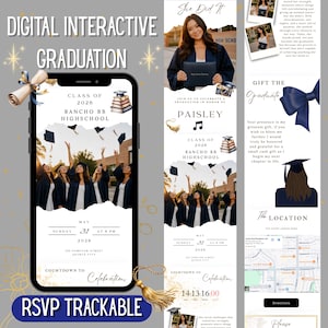 May include: Digital interactive graduation announcement on a smartphone. The design includes a photo of graduates throwing caps, event details, and the text "RSVP Trackable." The announcement is for Rancho BB Highschool Class of 2026.