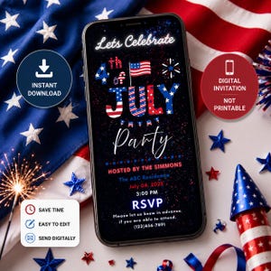 Puede incluir: Una invitación digital en smartphone para una fiesta del 4 de julio con fondo oscuro, fuegos artificiales, estrellas y una bandera estadounidense. El texto dice Lets Celebrate 4th of July Party, Hosted by The Simmons, July 04, 2026, 3:00 PM, y RSVP.
